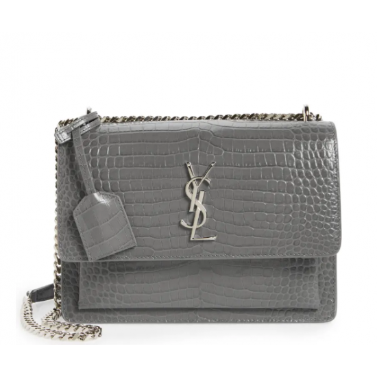 YSL Calfskin Crocodile Embossed Monogram Sunset Chain Wallet Marble gray YSL Calfskin Crocodile Embossed Monogram Sunset Chain Wallet Marble gray
